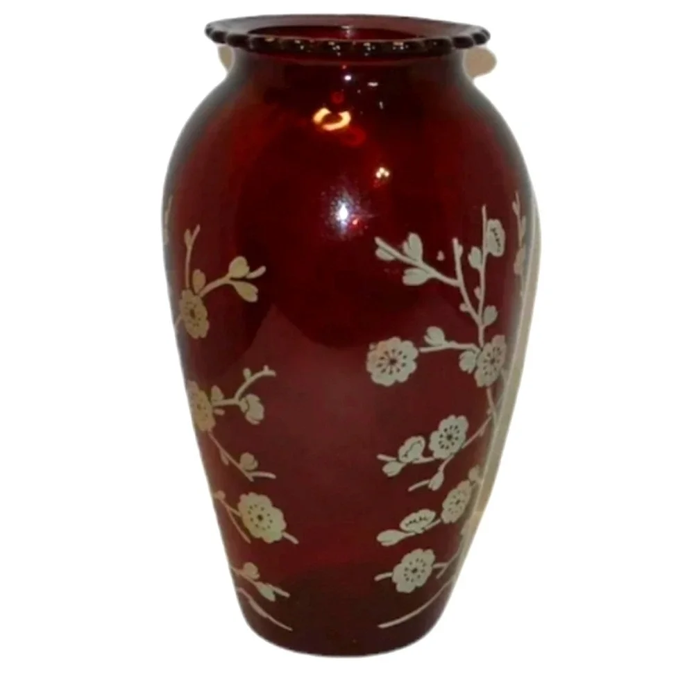 Anchor Hocking Ruby Red Glass Etched Vase Birds Cherry Blossom‎ Scalloped Rim
